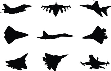 Nine fighter jet silhouettes, military aircraft profiles, black shapes, top and side views, isolated, aviation design elements