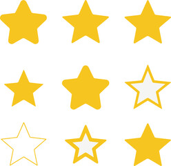 Set of golden rating stars, 3D yellow star icons, feedback symbols, review UI elements, ranking vector graphics for web