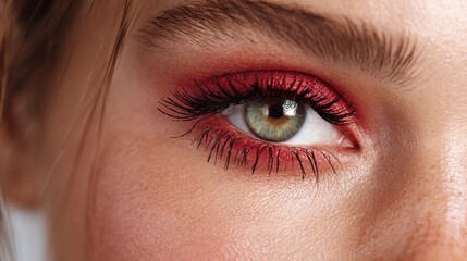Obraz premium This close-up showcases a woman's eye featuring bold red eyeshadow and long lashes. The striking green iris and flawless skin highlight the beauty of makeup artistry and fashion trends.
