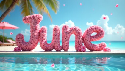 Pink floral letters spell JUNE beside pristine swimming pool on tropical beach. Palm trees sway under bright blue sky with fluffy clouds. Vibrant summer scene captures of vacation, relaxation, start
