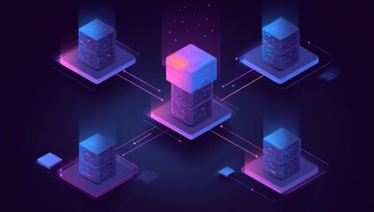Networked data centers in an isometric graphic. Colorful, interconnected servers with glowing lines. Dark background