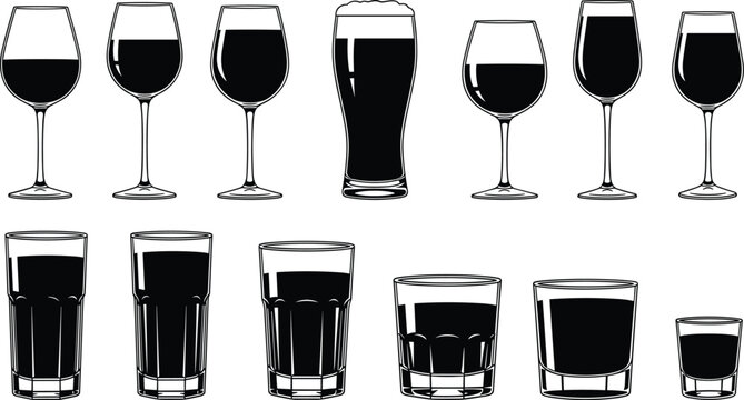 Set of twelve black drinkware silhouettes including wine, beer, tumbler, and shot glasses—ideal for bar, beverage, and menu design