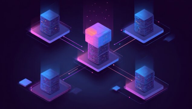 Networked data centers in an isometric graphic.  Colorful, interconnected servers with glowing lines.  Dark background
