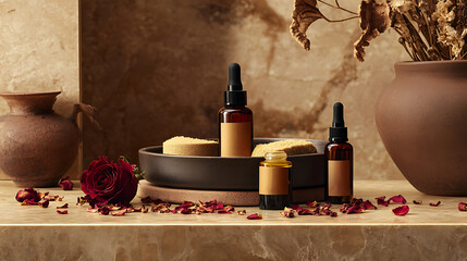 Spa-inspired scene with Ayurvedic face oils, sandalwood scrub