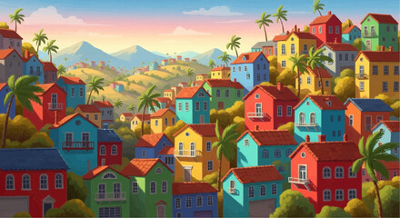 Naklejka premium Colorful hillside town with vibrant houses and palm trees, a picturesque landscape painting.