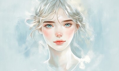 A digital art portrait of a young girl with luminous blue eyes