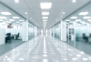 Obraz premium A brightly lit, blurred office hallway with glass-walled rooms along the sides, creating a symmetrical perspective into the distance