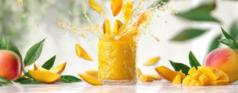 The refreshing mango juice splash with vibrant fruit pieces around it.
