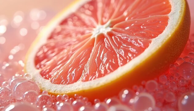 Juicy pink grapefruit slice with refreshing bubbles. Macro photography shows citrus fruit texture, vibrant color. Healthy ingredient for culinary, beverages, summer drinks, cocktails, or smoothies.