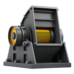 Industrial mill with rotating hammers and yellow mesh isolated on a transparent background