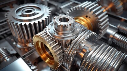 Numerous metallic gears interlocked and arranged in a precise manner highlight the complexity of machinery
