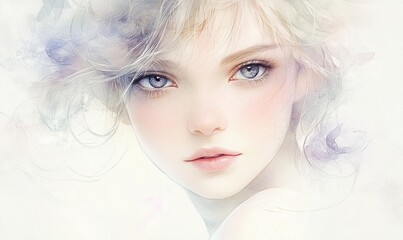 Dreamy portrait of a beautiful young woman with delicate watercolor textures