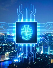 Futuristic cityscape with a glowing fingerprint chip