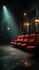 Old theater seats illuminated by soft light create a dramatic atmosphere in an abandoned venue