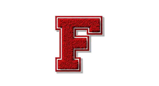 A textured red letter f with a white outline isolated on a plain white background resembling a varsity jacket patch