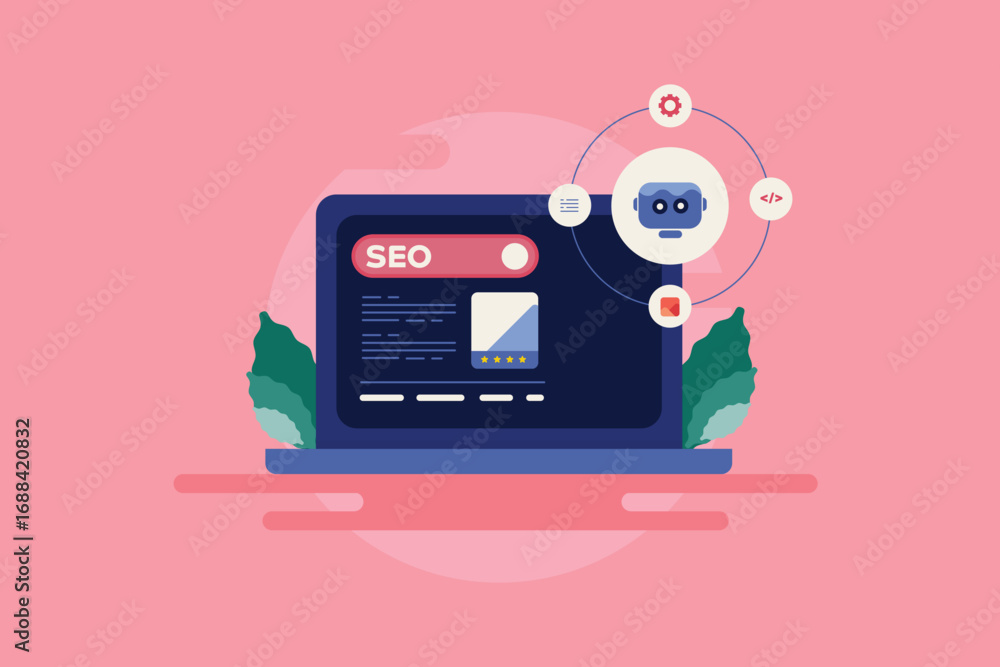 Poster seo ranking results and ai overview data on laptop screen highlights search intelligence algorithm.