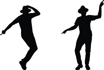 Silhouette of dancers wearing hats, expressive dance moves, rhythmic movement, artistic motion, black figures on white background