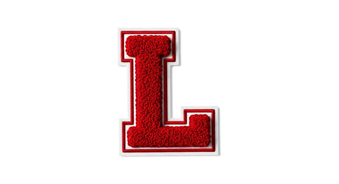 A red varsity letter l with white trim and a textured surface isolated on a plain white background