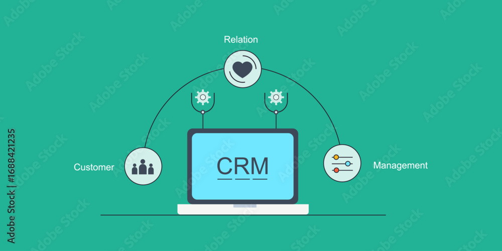 Poster laptop screen featuring crm software, symbolic connection between customer, relation and management,