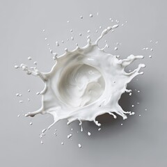 A crown-shaped milk splash against a grey backdrop, featuring a central cavity and radiating droplets