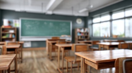 Fototapeta premium A blurred classroom scene with wooden desks, a green chalkboard, and natural light streaming through windows. Empty seats suggest a quiet or unoccupied period