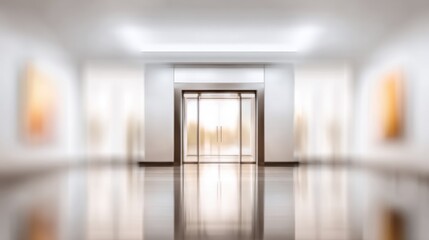 Sleek hallway featuring automatic doors in a bright, modern building with art blurred on the walls and polished reflective floor; minimalist and serene