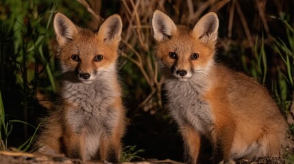 Obraz premium Two young red foxes are sitting side by side in the warm evening light, surrounded by tall grass. Their fur is bright and they appear curious and alert in their natural habitat.