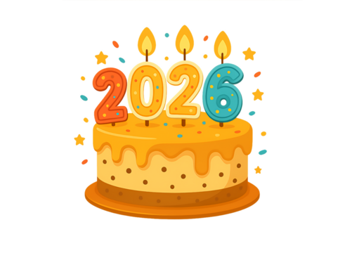 Happy new year 2026 cake with candles and confetti isolated on transparent background