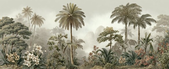 Misty jungle landscape, muted greens and beige tones. Lush vegetation, tall palm trees, and a sense of tranquility