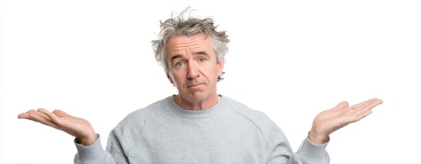 The man in gray sweater shrugging with puzzled expression on white studio background