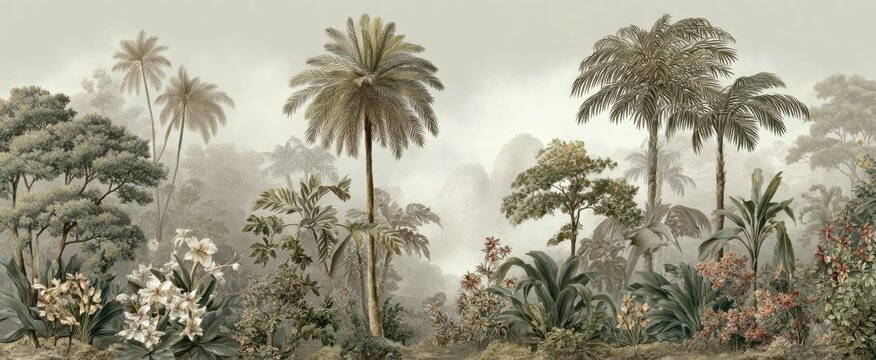 Misty jungle landscape, muted greens and beige tones. Lush vegetation, tall palm trees, and a sense of tranquility - Powered by Adobe