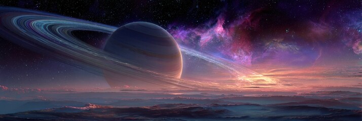 Cosmic panorama, ringed planet in a vibrant nebula, with ethereal clouds and a sunrise
