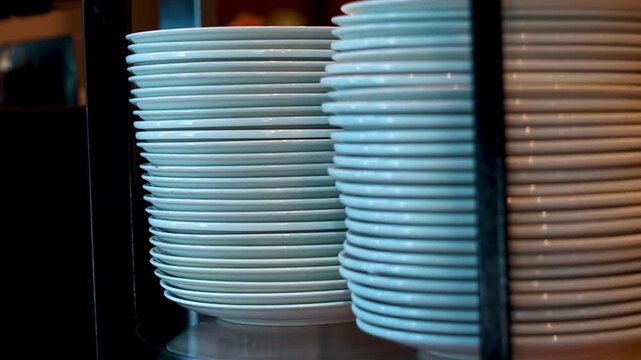 Plates piled up in a restaurant