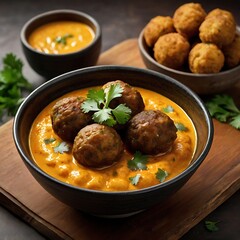 Malai Kofta Curry in black bowl isolated on white background. Malai Kofta is indian cuisine dish with potato and paneer cheese deep fried balls in onion tomato gravy with spices. Indian Food.