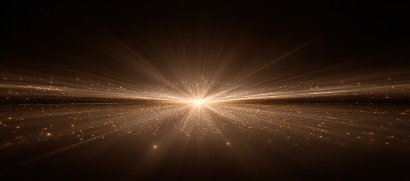Radiant golden light bursts from a central point across a dark space, scattered with glittering particles - Powered by Adobe