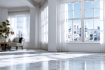 Fototapeta premium Bright, airy room, blurred living space view. Light streams through sheer curtains. City skyline is partially visible. White floor. Soft, serene atmosphere