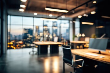 Blurred office space with warm-toned wooden desks and chairs, a large window view of a city skyline lit up at dusk, creating a modern, corporate atmosphere