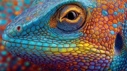 Fototapeta premium A detailed view captures the stunning colors and patterns of a lizard's skin, showcasing shades of blue, orange, and yellow under sunlight in its natural habitat, highlighting its unique features.