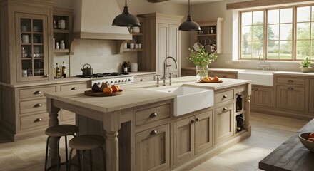 Interior kitchen design with island and cabinets