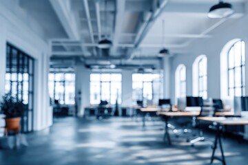 Fototapeta premium A blurry, bright open-plan office with arched windows, desks, and plants, featuring a cool-toned monochrome aesthetic and overhead pipes