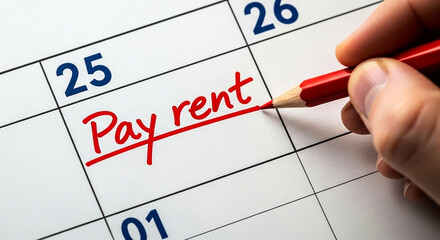A red pencil is used to circle the words pay rent on a calendar highlighting an important financial deadline