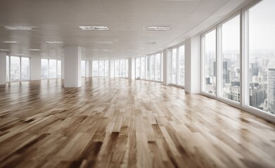 Obraz premium Bright, spacious office with wooden floor and floor-to-ceiling windows offering a cityscape view; sunlight reflects on the shiny floor