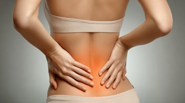 A person demonstrates back pain relief techniques focusing on lower back discomfort. The individual seems to be addressing tension or strain while seated in a calm environment.