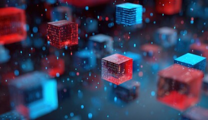 Abstract digital cubes in motion, red and blue
