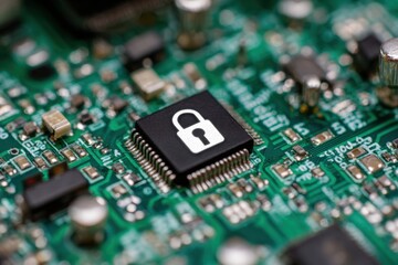 Fototapeta premium Close-up of a circuit board with a security lock icon
