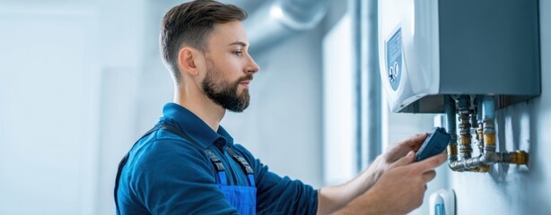The Boiler Technician Inspecting a Wall-Mounted Unit in a Modern Home
