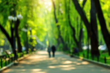 Blurred, sunny park path with trees lining each side. Two figures walk away in the distance, bathed in bright sunlight filtering through the green canopy