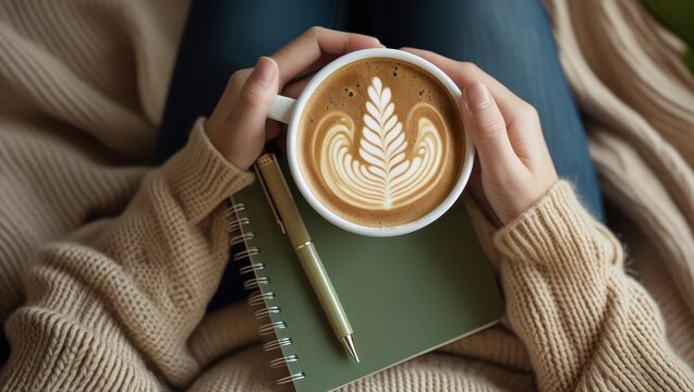 A warm latte, artfully designed, is held in hands resting on a notebook, evoking a moment of cozy contemplation.