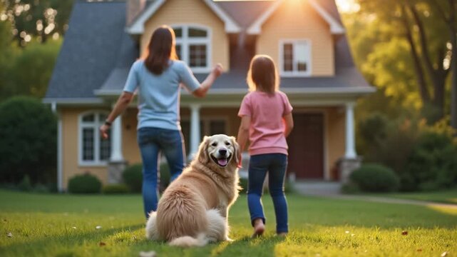 A family is outside of a house with a dog