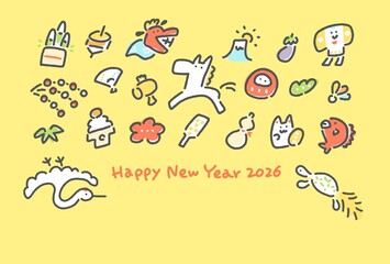 白馬と正月の縁起物の手描きのかわいい和風年賀状　2026・富士山・鶴亀・松竹梅